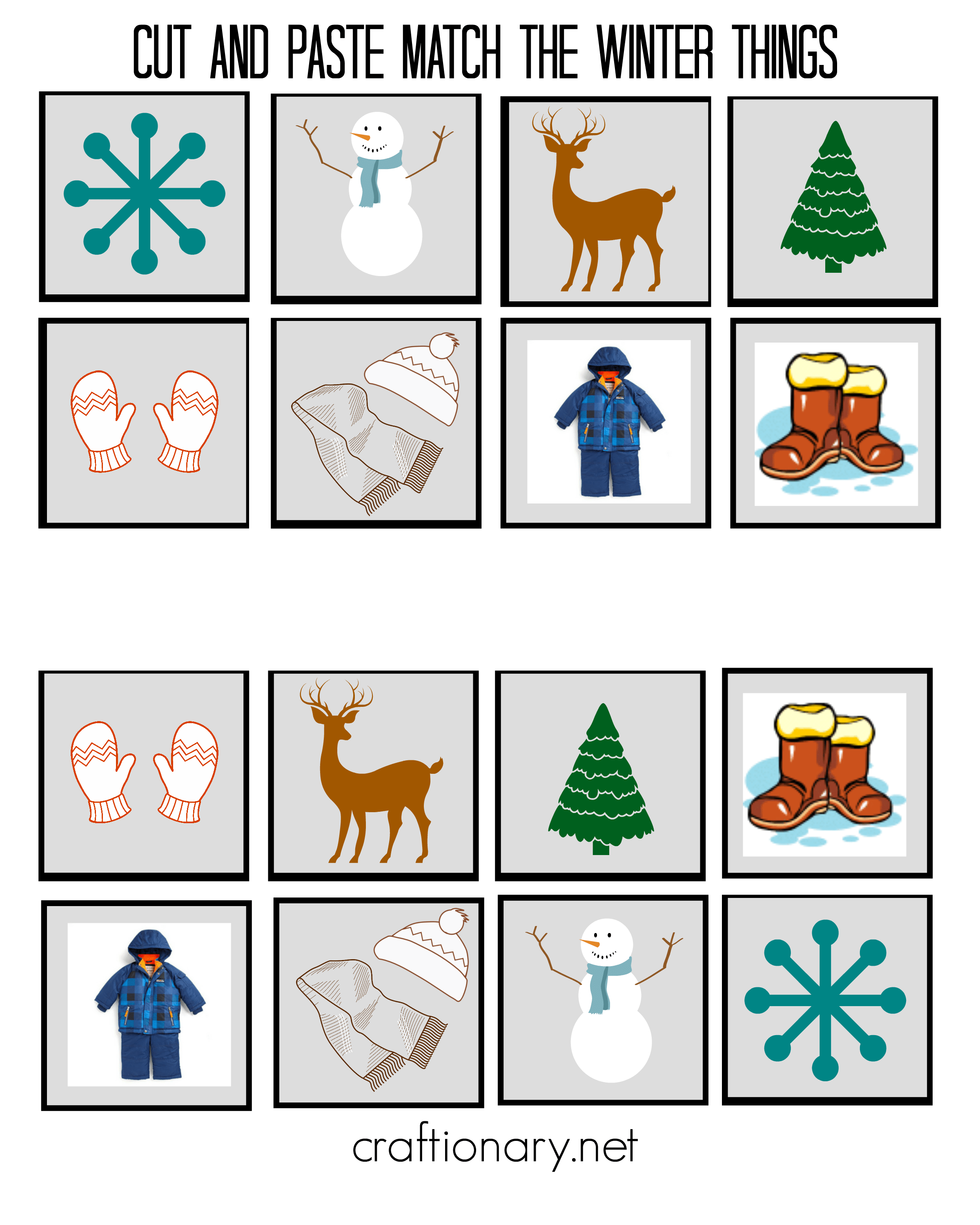 winter free printable - matching cut and paste activity - craftionary